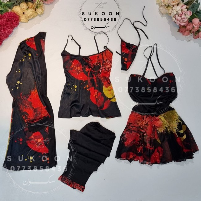 ensemble pyjama satinée a fleure rouge et noir