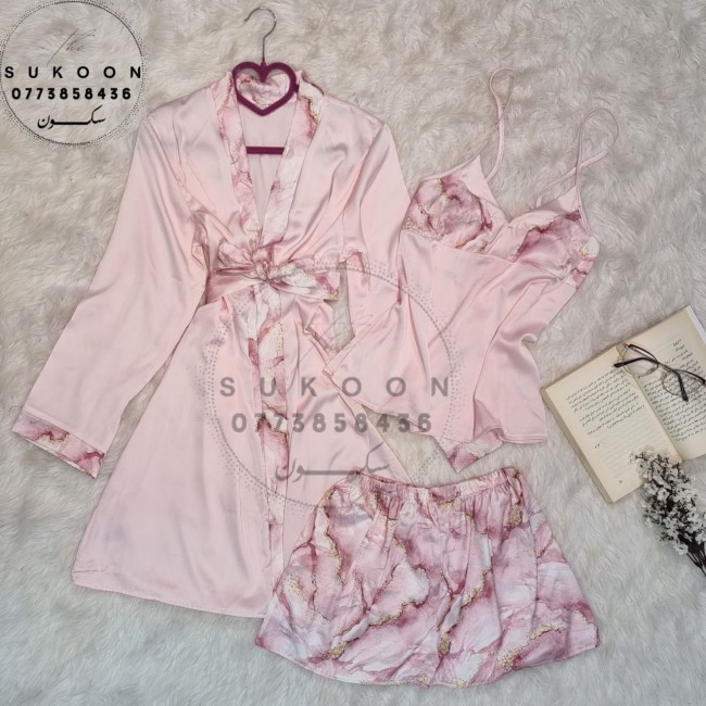 -Ensemble pyjama 03pièces en soie rose-EPMR3P