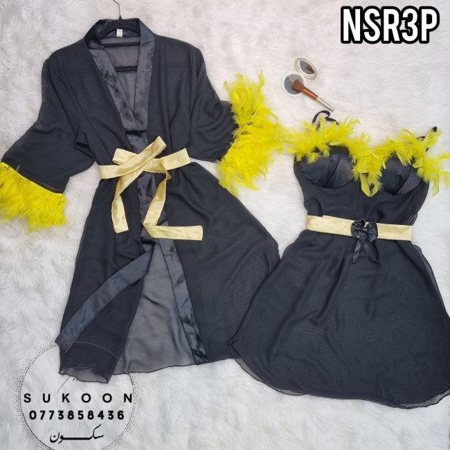 -nuisette noir décoré avec des plumes -NSR3P