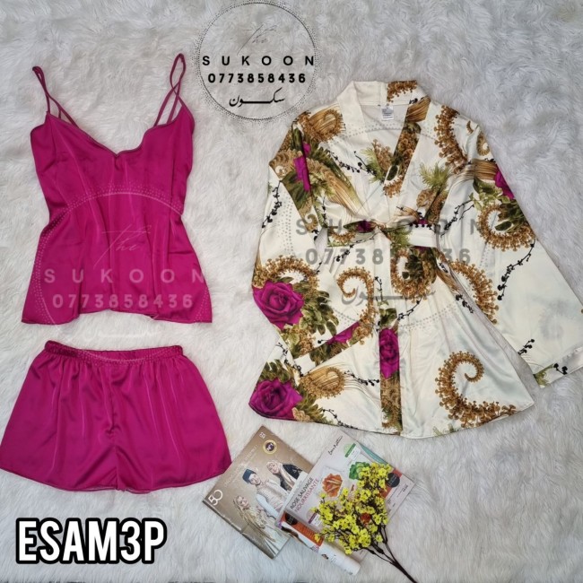 -Ensemble pyjama 3 pc en satin imprimé -ESAM3P