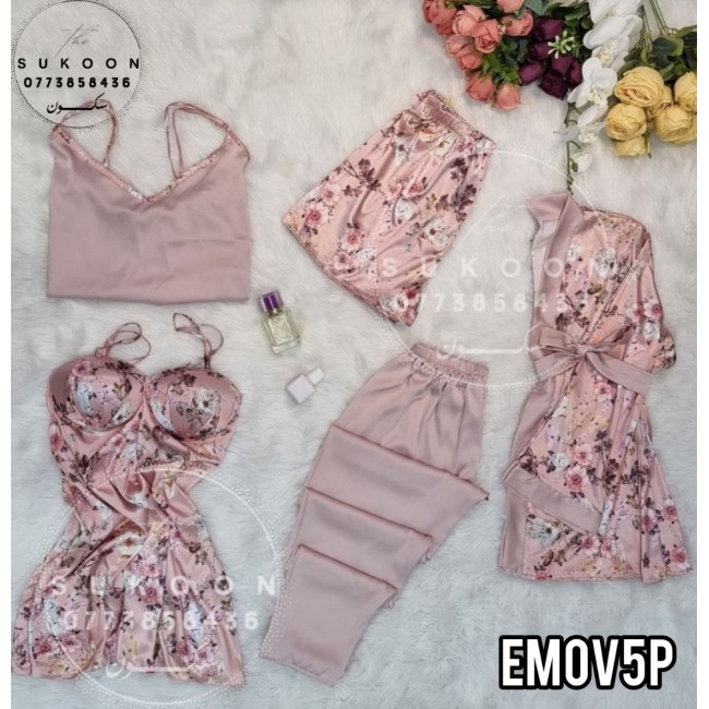 -Ensemble pyjama rose en soie 05pcs - EMOV5P