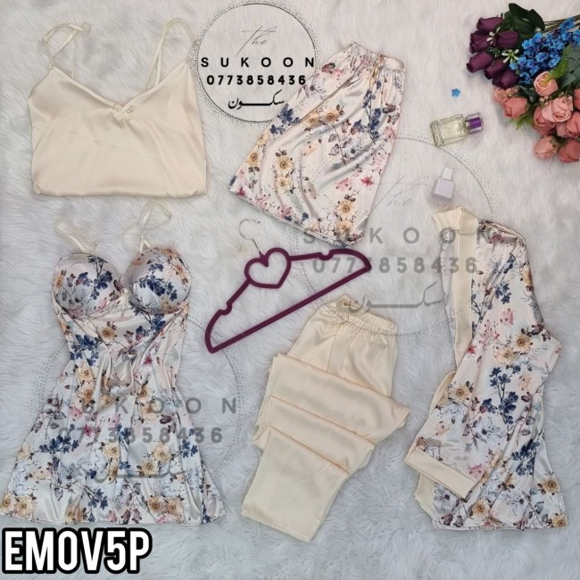 -Ensemble pyjama beige en soie 05pcs - EMOV5P