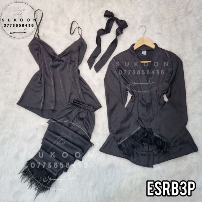 -Ensemble satin noir en 3 pieces avec plumes -ESRB3P