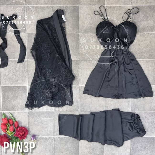 - Pyjama noir 3 pc en dentelle - PVN3P