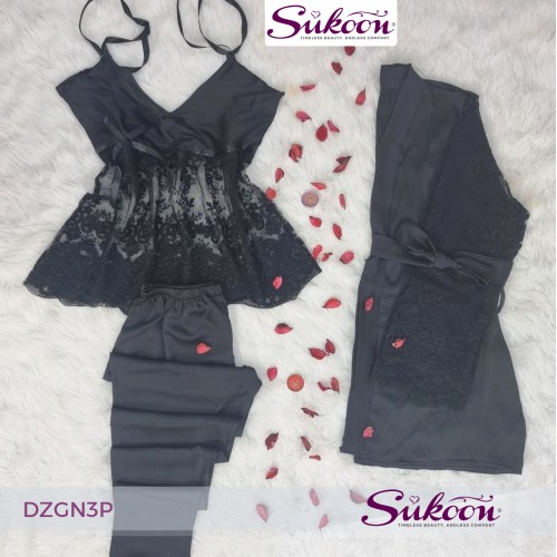 -Pyjama 03 pieces en satin noir -DZGN3P