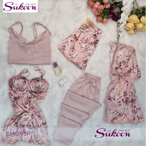 -Ensemble pyjama rose en soie 05pcs - EMOV5P