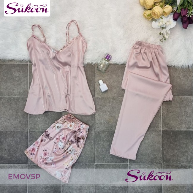 -Ensemble pyjama rose en soie 05pcs - EMOV5P