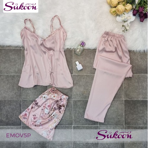 -Ensemble pyjama rose en soie 05pcs - EMOV5P