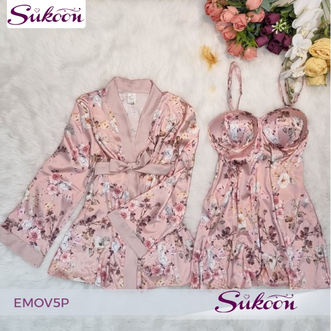 -Ensemble pyjama rose en soie 05pcs - EMOV5P