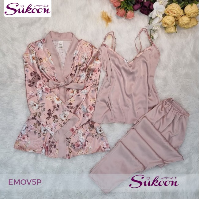 -Ensemble pyjama rose en soie 05pcs - EMOV5P