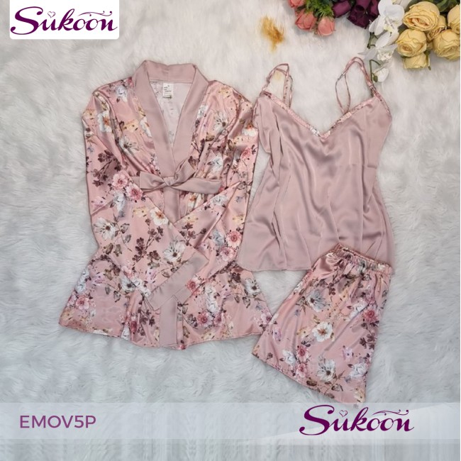 -Ensemble pyjama rose en soie 05pcs - EMOV5P