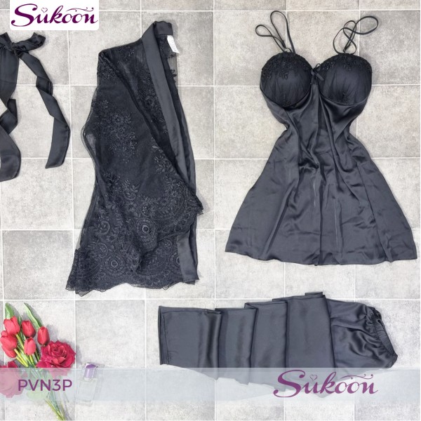 - Pyjama noir 3 pc en dentelle - PVN3P