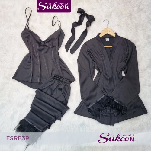 -Ensemble satin noir en 3 pieces avec plumes -ESRB3P