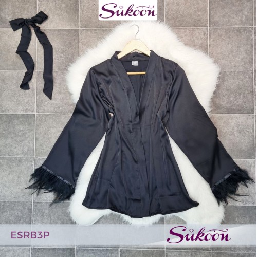-Ensemble satin noir en 3 pieces avec plumes -ESRB3P