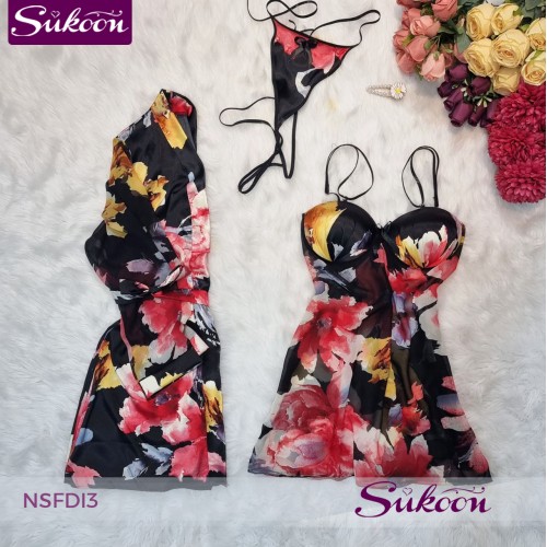 -Nuisette 3 pièces en satin imprimé -NSFDI3