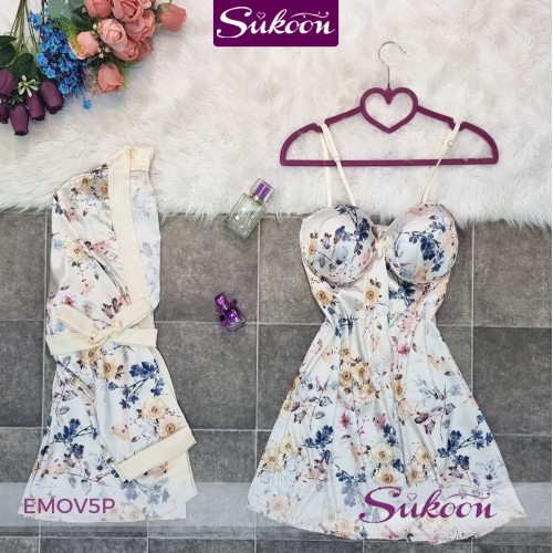 -Ensemble pyjama beige en soie 05pcs - EMOV5P