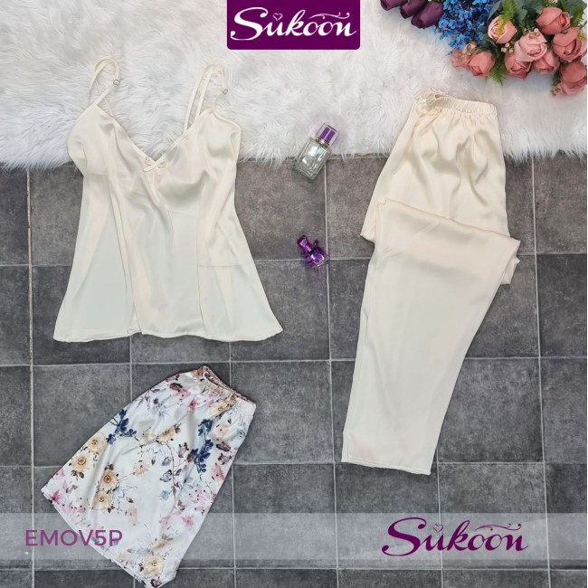 -Ensemble pyjama beige en soie 05pcs - EMOV5P