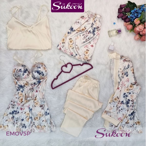 -Ensemble pyjama beige en soie 05pcs - EMOV5P