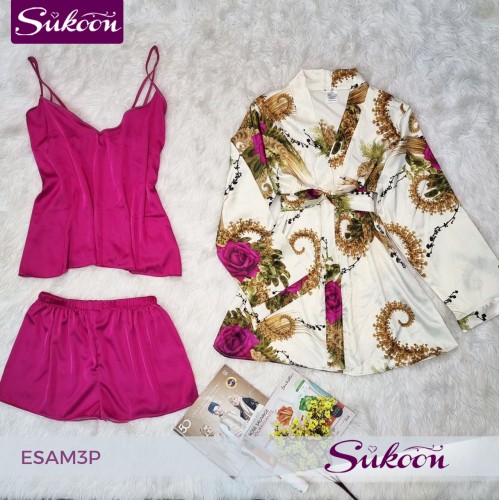 -Ensemble pyjama 3 pc en satin imprimé -ESAM3P