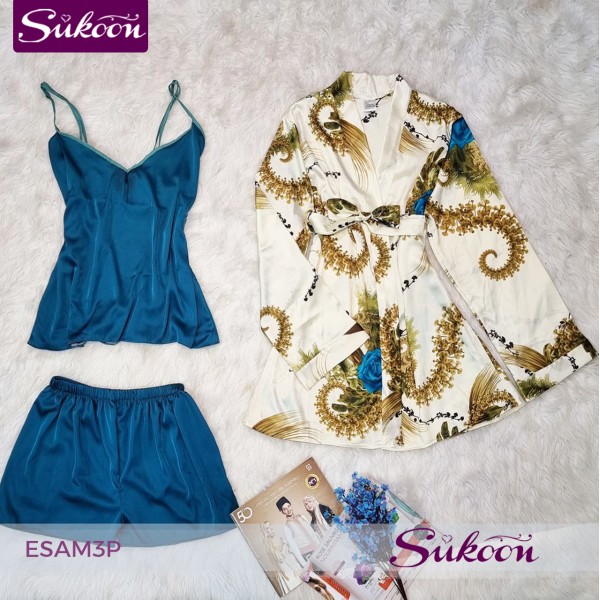 -Ensemble pyjama 3 pc en satin imprimé -ESAM3P