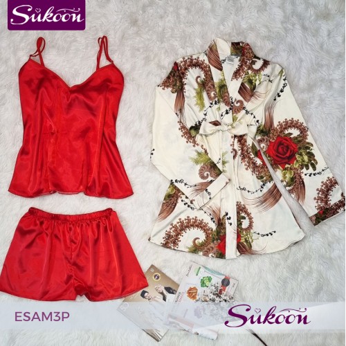 -Ensemble pyjama 3 pc en satin imprimé -ESAM3P