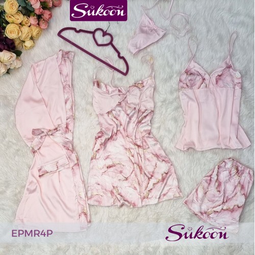 -Ensemble pyjama 05 pièces en soie rose-EPMR4P