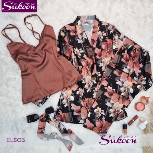 Ensemble pyjama 3 pc en satin fleuré -ELSO3-