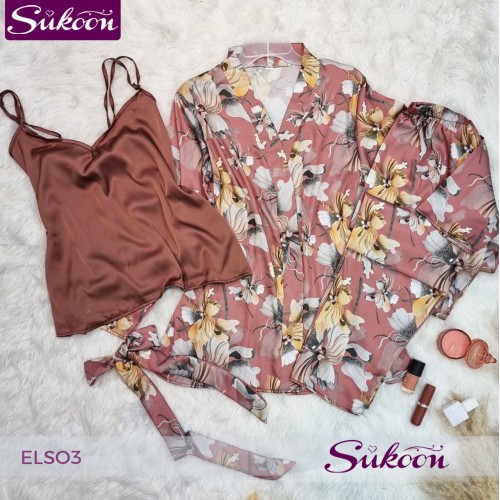 Ensemble pyjama 3 pc en satin fleuré -ELSO3-