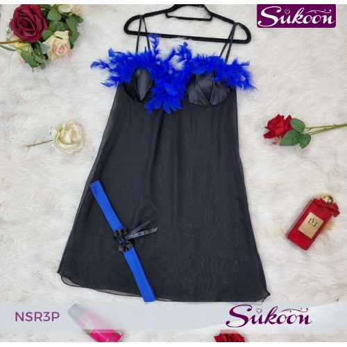 -nuisette noir décoré avec des plumes -NSR3P