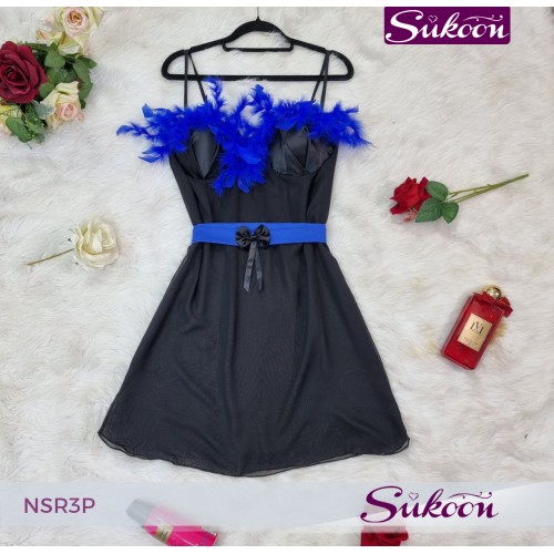 -nuisette noir décoré avec des plumes -NSR3P