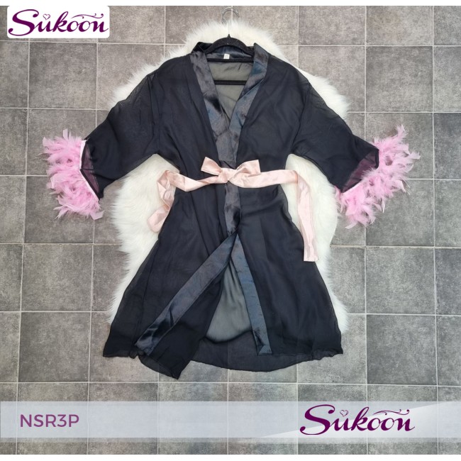 -nuisette noir décoré avec des plumes -NSR3P