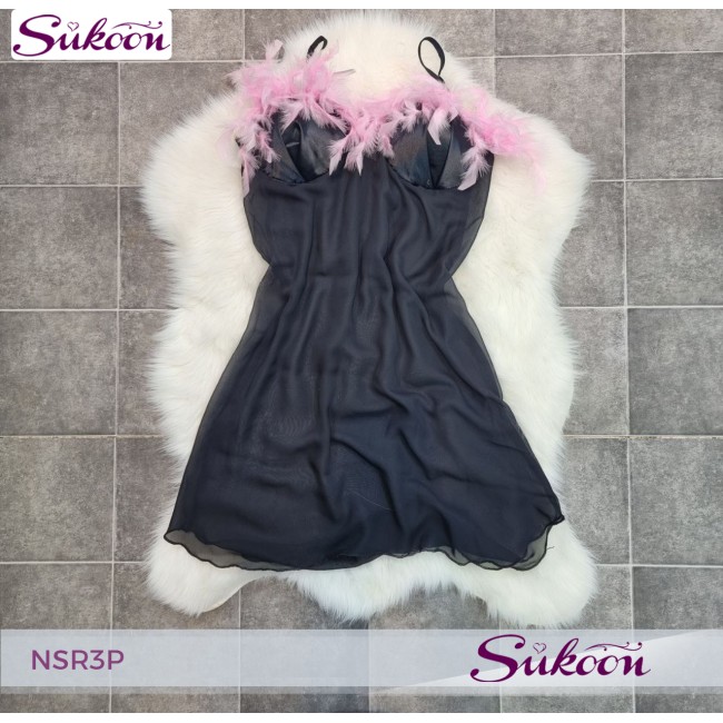 -nuisette noir décoré avec des plumes -NSR3P