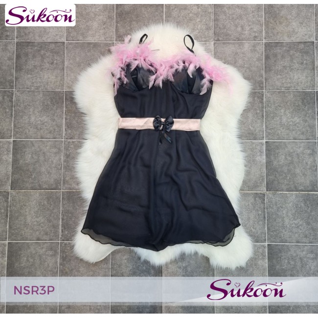 -nuisette noir décoré avec des plumes -NSR3P