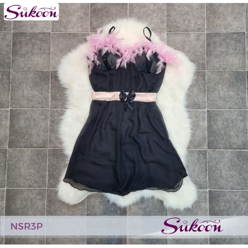 -nuisette noir décoré avec des plumes -NSR3P