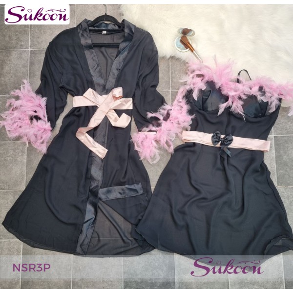 -nuisette noir décoré avec des plumes -NSR3P