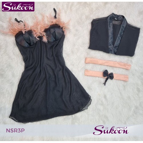 -nuisette noir décoré avec des plumes -NSR3P