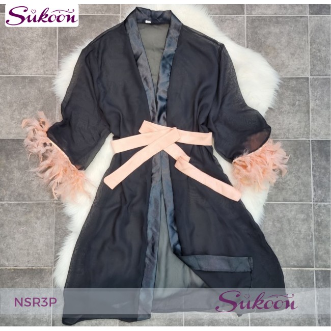 -nuisette noir décoré avec des plumes -NSR3P