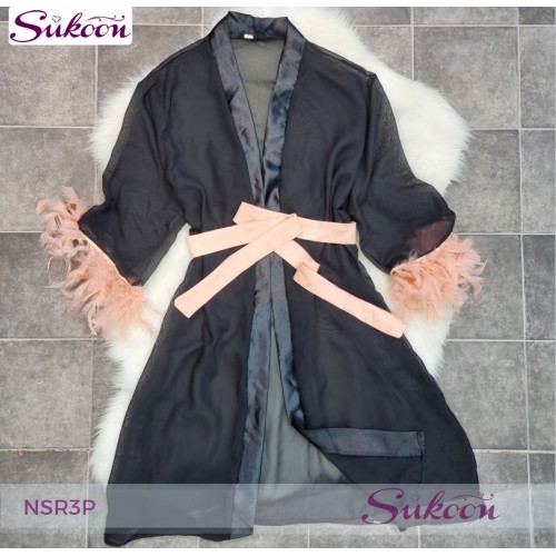 -nuisette noir décoré avec des plumes -NSR3P