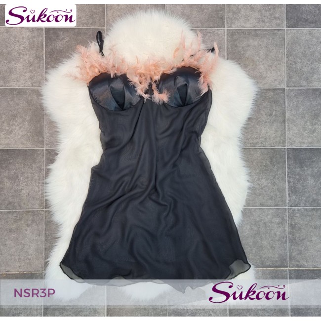 -nuisette noir décoré avec des plumes -NSR3P