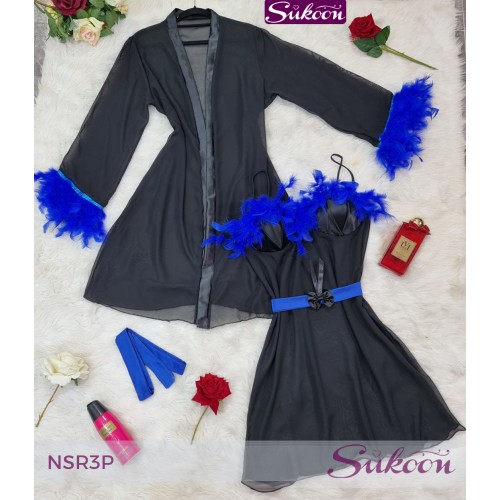 -nuisette noir décoré avec des plumes -NSR3P