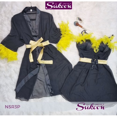 -nuisette noir décoré avec des plumes -NSR3P