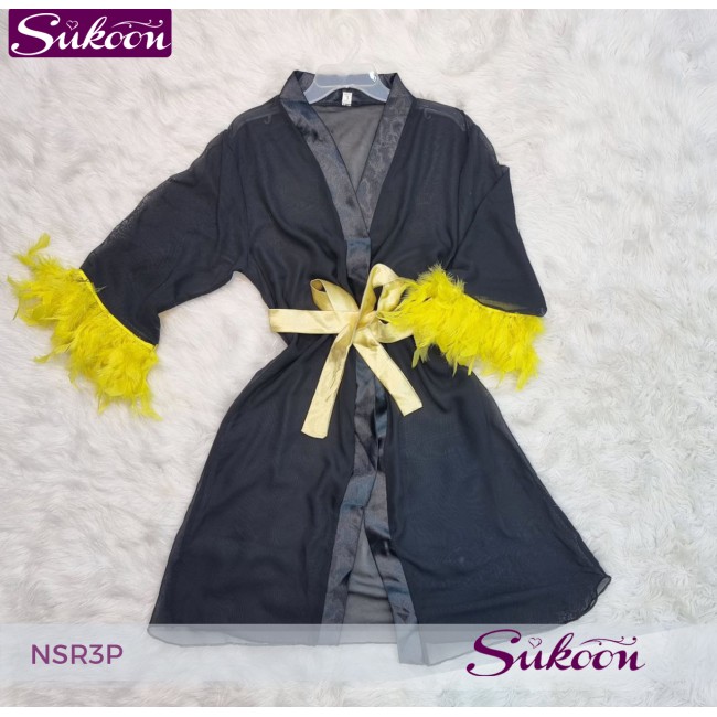 -nuisette noir décoré avec des plumes -NSR3P