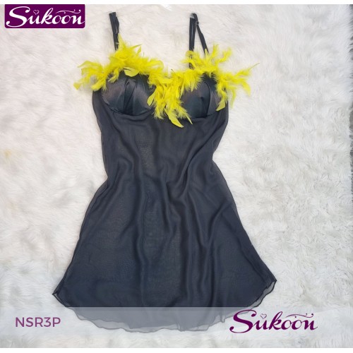 -nuisette noir décoré avec des plumes -NSR3P