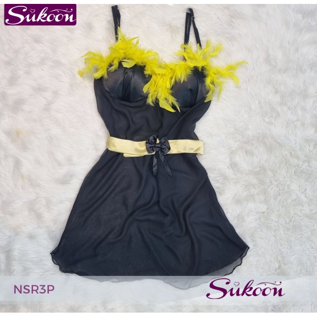 -nuisette noir décoré avec des plumes -NSR3P