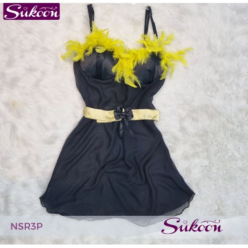 -nuisette noir décoré avec des plumes -NSR3P