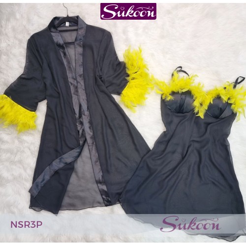 -nuisette noir décoré avec des plumes -NSR3P
