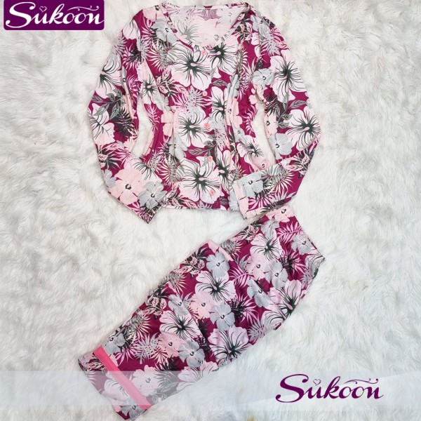 Ensemble pyjama 03 pc en coton décorée avec des fleures 2