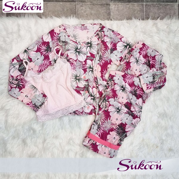 Ensemble pyjama 03 pc en coton décorée avec des fleures