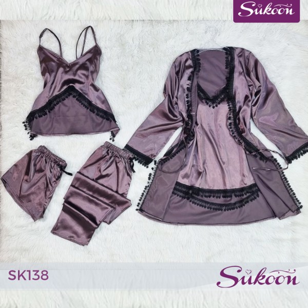 ✨ بيجاما ساتان 4  قطع… لمسة أنوثة ترفيهية وأنيقة ✨-SK138-